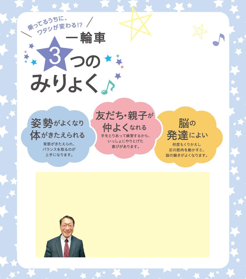 乗ってるうちに、ワタシが変わる！？一輪車の３つのみりょく／姿勢がよくなり体がきたえられる。背筋がきたえられ、バランスを取るのが上手になります。／友だち・親子が仲よくなれる。手をとりあって練習するから、いっしょにやりとげた喜びがあります。／脳の発達によい。何度もくりかえし足の筋肉を動かすと、脳の働きがよくなります。